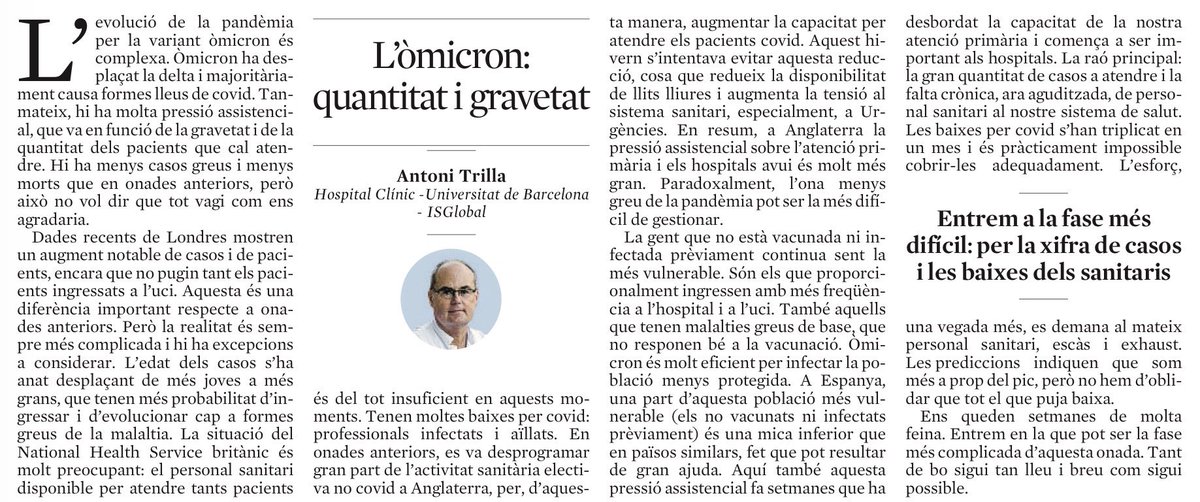 Òmicron no es "lleu".
La pressió assistencial depén del nombre de pacients a atendre (molt alt) i de la seva gravetat (ara menor).
El sistema sanitari està molt sobrecarregat, amb el personal esgotat, escas i amb baixes x COVID.
Setmanes complicades...
<a href="/LaVanguardia/">La Vanguardia</a>