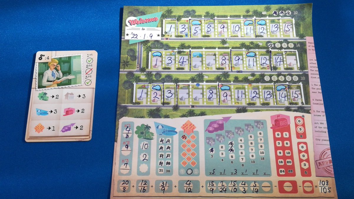 solo64562681's tweet photo. #Welcome_to
拡張 新しいソロゲームルール
ソロ 108点
難易度4AI 105点
勝ち!
基本にもソロルールはあるけど、より戦略的にソロで遊べる拡張!
難易度4に勝てなかったけど、やっと勝てた!まあ、顔からしてね、やり手って感じだもんね。
難易度1の男なんてやる気0丸出し!こいつは楽勝!(失礼 https://t.co/wKB6GCbcCN