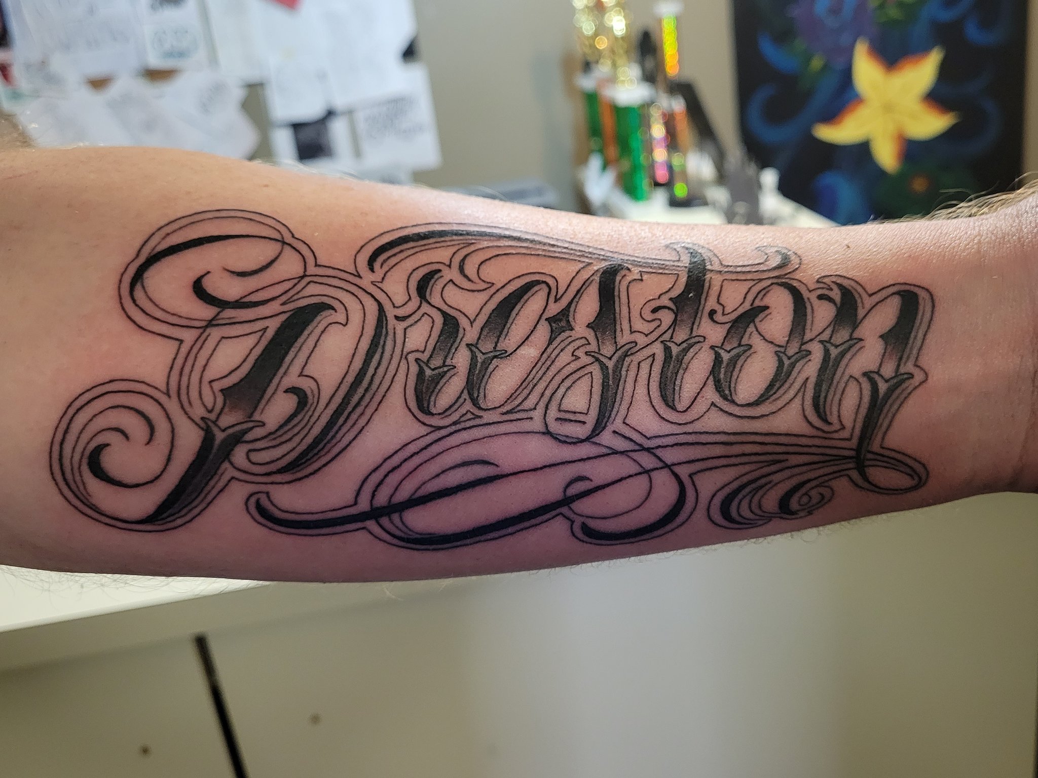 Ken Mattson on X: "This was done on my long time friend Shane. This is my custom lettering, for his boy, Preston. #customlettering #lettering #letters #script #scripttattoos #scriptlettering #mntattooartist #tattoo # tattoos #linework