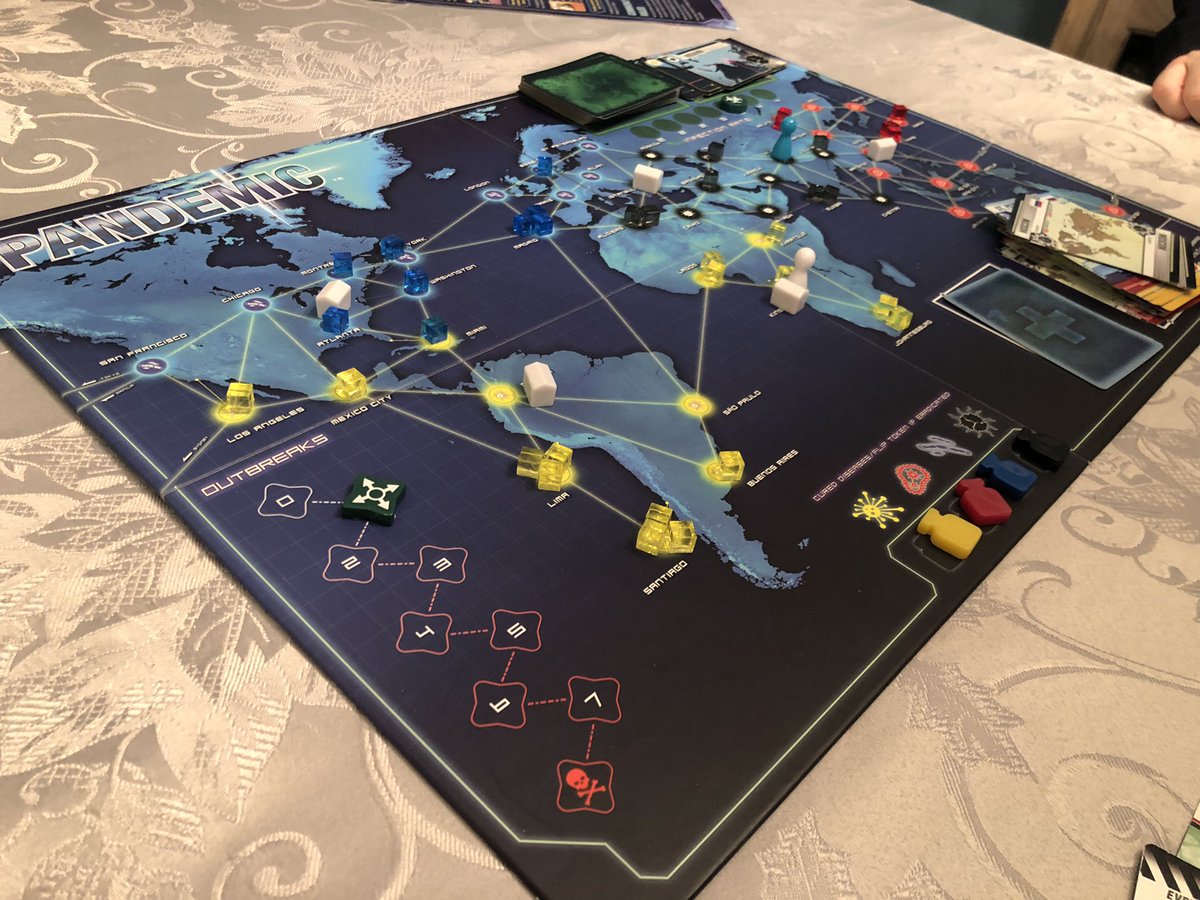 Orangeman_44's tweet photo. Broken out an ‘old’ game and played #Pandemic with my daughter.  Found the 4th cure with only 1 Player Card left.  You are not winning tonight Pandemic!! @mattleacock @Zmangames_ https://t.co/DrPiPHqNyf