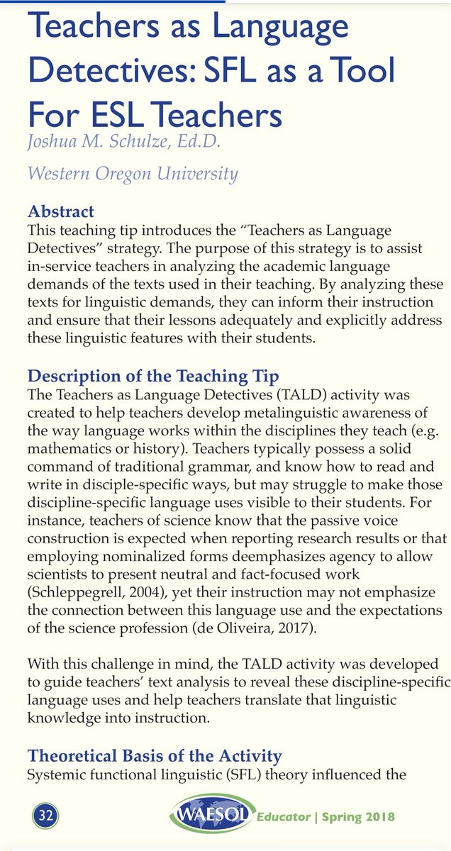 RuslanaWesterl's tweet image. A great accessible SFL article for teachers Teachers as Language Detectives. #sysfunc