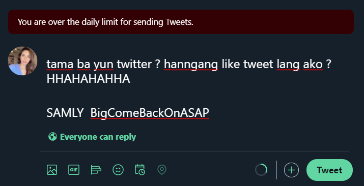 samlysakalam's tweet photo. gusto ko yung nag lalagay pa rin sya ng tagline baka lang daw makasama kahit nasa drafts lang nya HAHAHAH 

SAMLY BigComeBackOnASAP https://t.co/ww0xVG8Yp6
