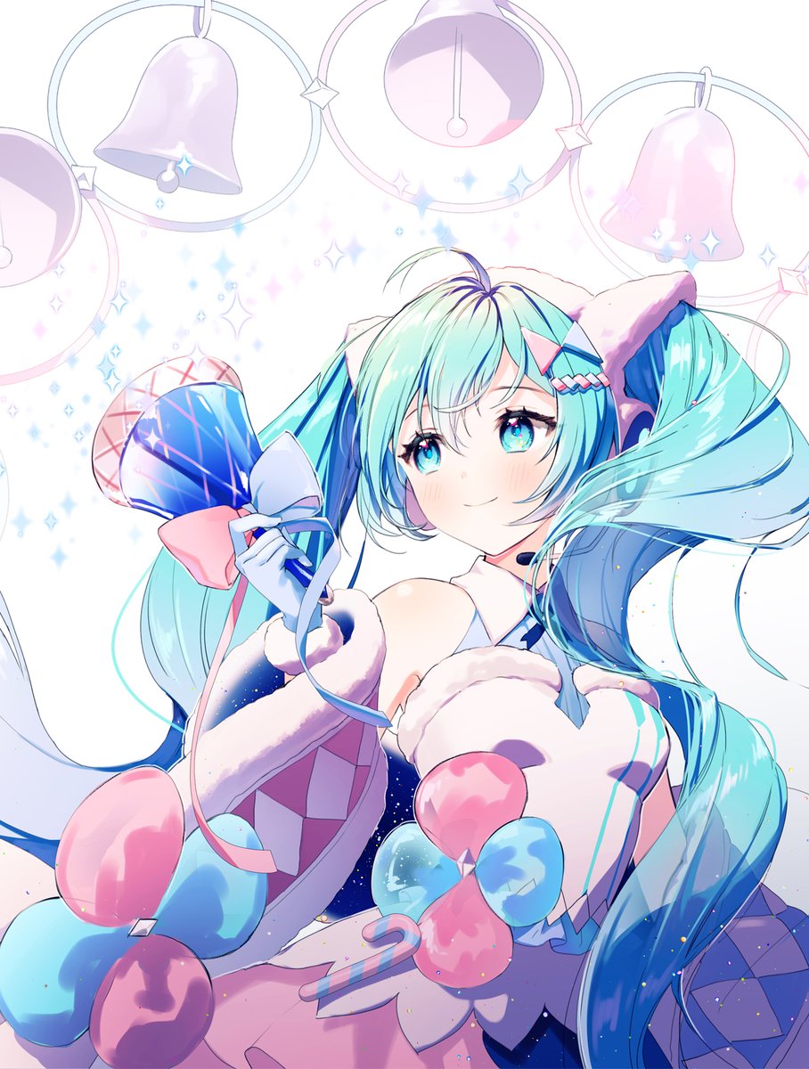 hatsune miku ,magical mirai miku 1girl solo long hair smile twintails holding fur trim  illustration images