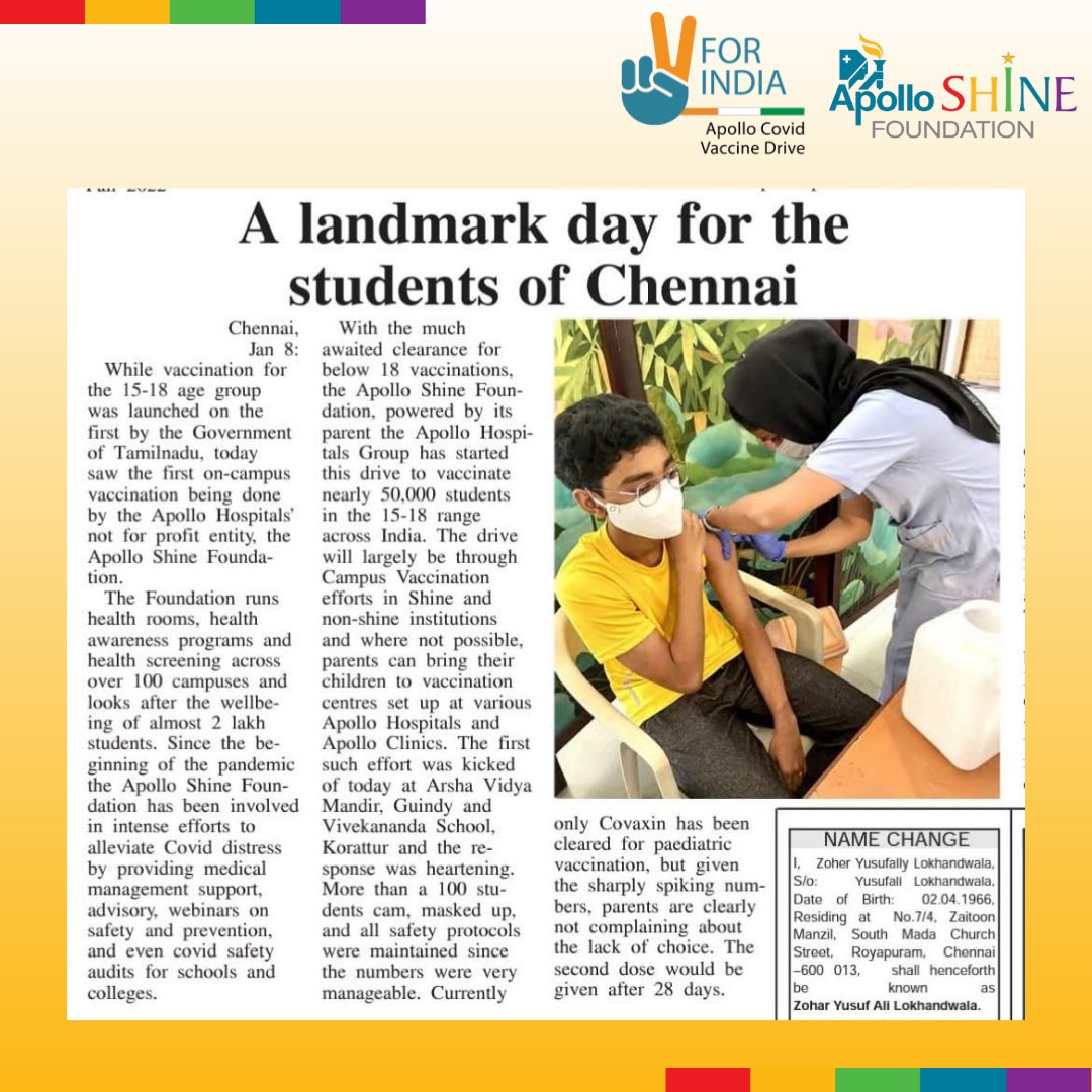 Our On-Campus COVID-19 vaccination kick off featured in the #TrinityMirror newspaper yesterday!! So happy to have spearheading the paediatric vaccination drive in schools and colleges and getting the #StudentCommunity vaccinated. #SafeWithShine Vaccination made easier!