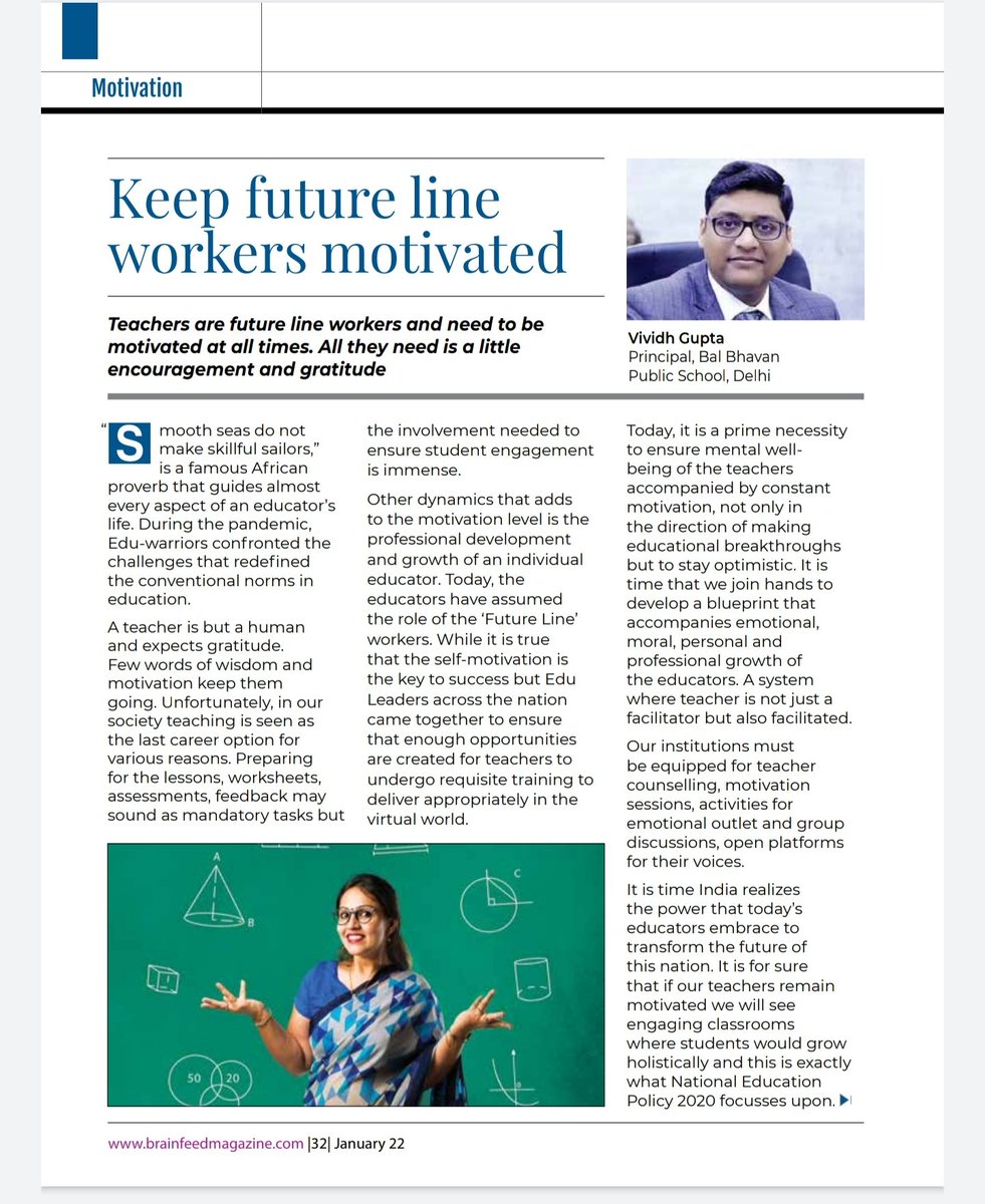 BBPSMV's tweet photo. Our Principal Mr.Vividh Gupta opined in an article for the 'Brainfeed Magazine' on a burning topic of "Keep future line workers motivated" as a part of the 2022 challenges series.
#BBPSMV #BrainFeed @brainfeededumag #motivated #inspired #wisdom #SelfMotivation #educators https://t.co/aLY8KOpAYk