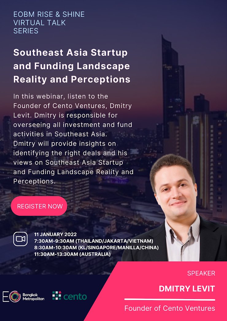 Thank you EO for sharing our ongoing fascination with SE Asia startup funding landscape. We look forward to welcoming friends of EO and Cento Ventures this Tuesday morning, January 11th. 

Reserve your seat here; 
buff.ly/3HJNoq0

#WeAreEOBM 
buff.ly/3FfRmoU