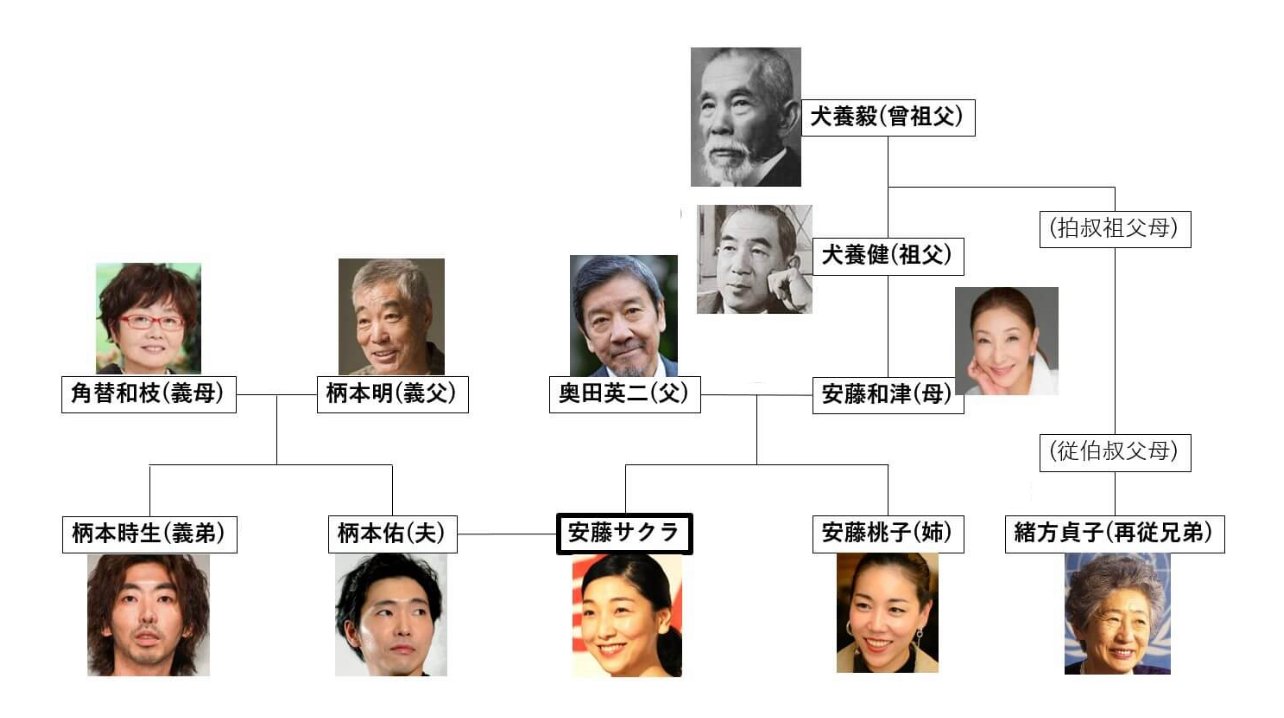 文吾 で 安藤さくら に戻って 柄本佑 夫 犬養毅 曽祖父 犬養健 祖父 緒方貞子 再従姉妹 奥田瑛二 父 安藤和津 母 安藤桃子 姉 柄本明 義父 角替和枝 義母 柄本時生 義弟 入来茉里 義妹 安藤家や柄本家と