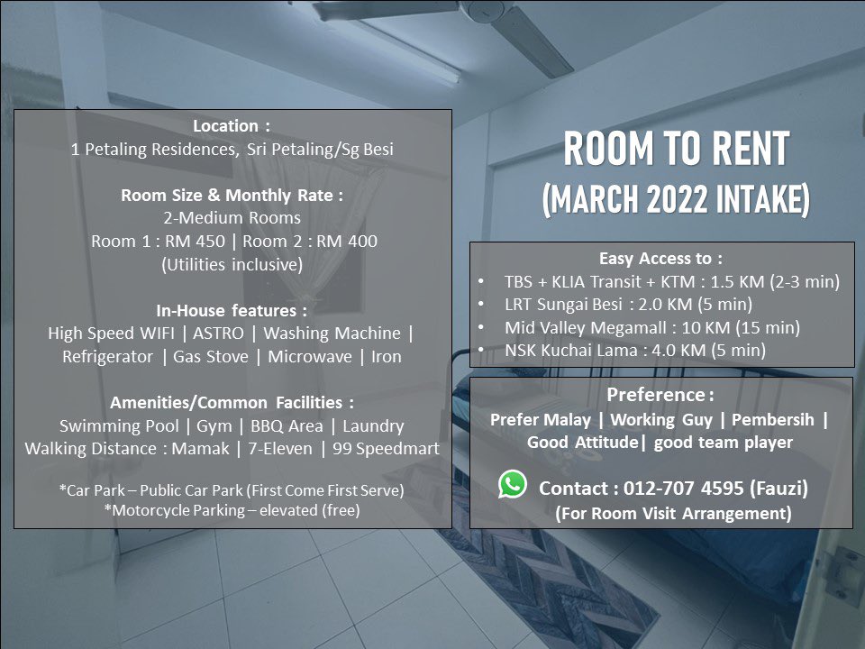 EnFauziAmrin's tweet photo. Hi 👋 

Room for Rent (2 Medium-size room) at Sungai Besi/Sri Petaling, KL area.

Details as shown in the attached picture ;

Hit me up!
@BilikSewaKL https://t.co/pNwNo8rAeh