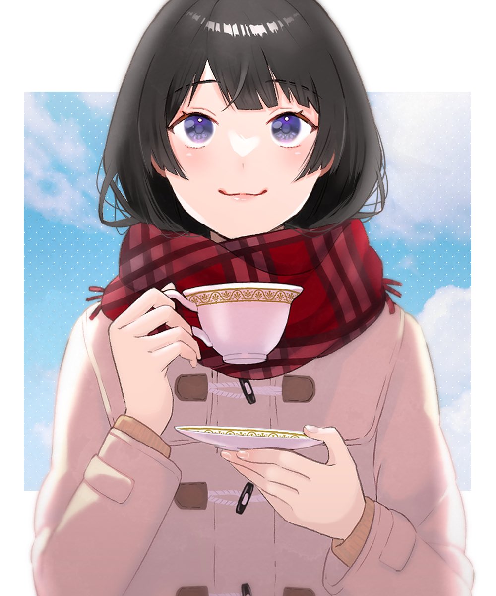 tsukino mito 1girl solo scarf black hair cup enpera holding  illustration images