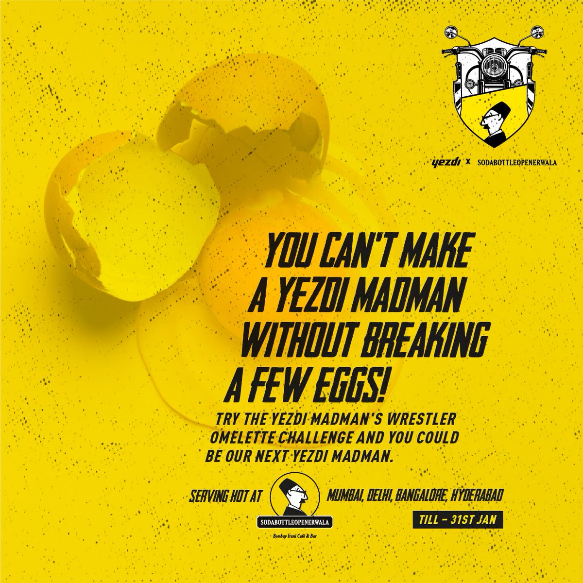 yezdiforever's tweet photo. 7 eggs omelette, 12 mins. How many can you have?
.
So you think you're a #YezdiMadman? This month we test your madness through your appetite.
Let's see who can handle it and wins a #YezdiForever Denim Jacket and a Meal for Two @SbowInd
See you there!
#OmeletteChallenge #Yezdi https://t.co/pOp6rgRhUk