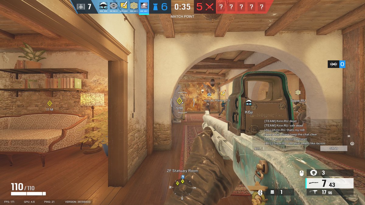 ad1_r6s's tweet photo. We had a scrim, at the start of the match the whole team just made monkey noises. 
After they lost a round and we were hyping our mate in the chat they just got completely racist, because we have a accent in our english and Player Hylnd wrote "silence foreigner"
@UbisoftSupport https://t.co/xUK96jEmMh