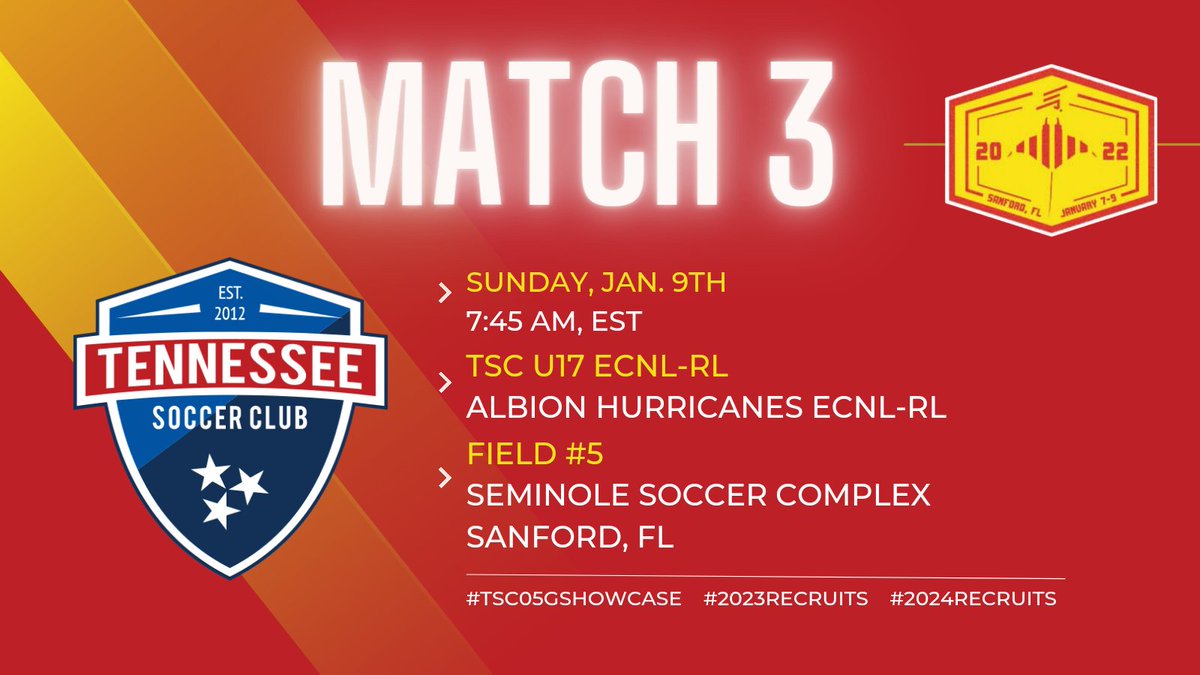 TSC0405ECNLRL's tweet photo. Final Day @ECNLgirls #ECNLFL
🗓 Sunday, Jan 9th
⚽️ Albion 
🕑 7:45 AM, EST
🏟 Field #5
📍 Seminole Soccer Complex
      1900 Seminole Soccer Loop
      Sanford, FL
#2023Recruits #2024Recruits #DevelopingExcellence #leadersplayhere 
@TSCECNL @TheSoccerWire @TopDrawerSoccer https://t.co/BJ5hYOgwo7