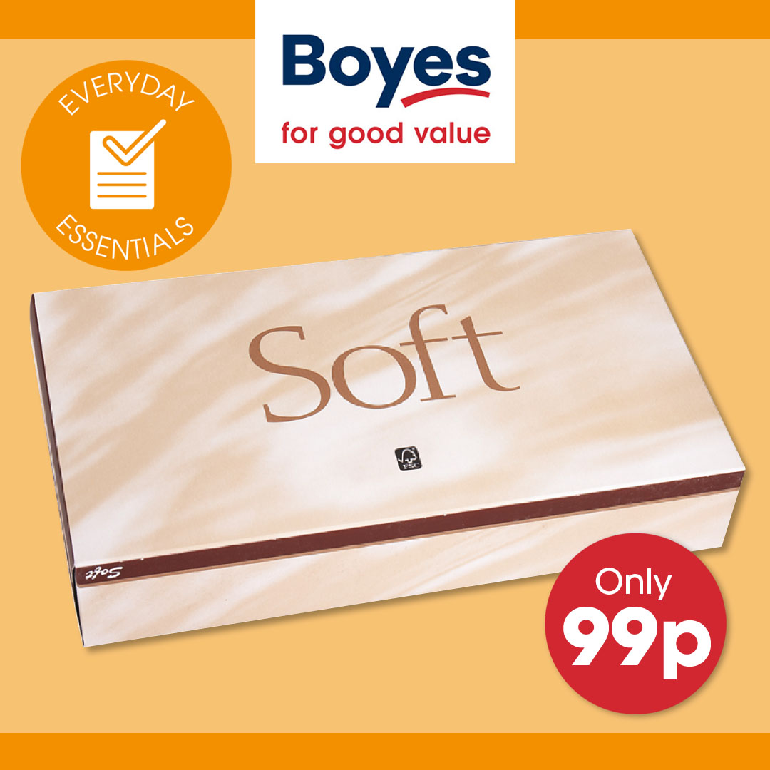 BoyesStores's tweet photo. These Soft Strong Large White Tissues are gentle on your skin &amp; great value‼️
Pick them up in-store now, only 99p for a pack of 100 🤧

#tissue #tissuebox #tissues #softtissues https://t.co/ksOus9lrhF