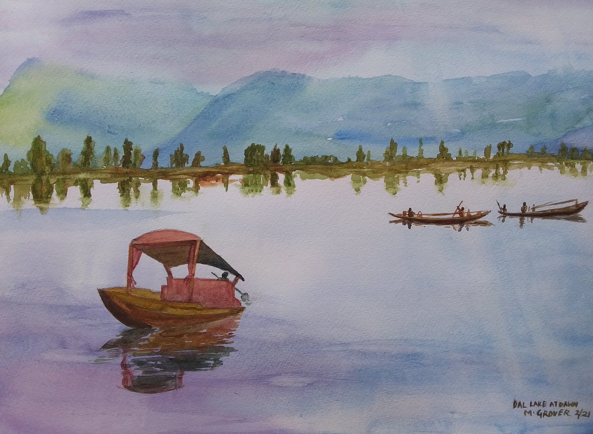 Mogrove1's tweet photo. Boating on the Dal Lake - at dawn the sky there  is dusted with exceptional light  - trying to catch and paint it, is a challenge! Watercolor on Paper #art #watercolor #watercolour #watercolorpainting #landscapepainting #landscapeart #nature https://t.co/rMjFpGBnog