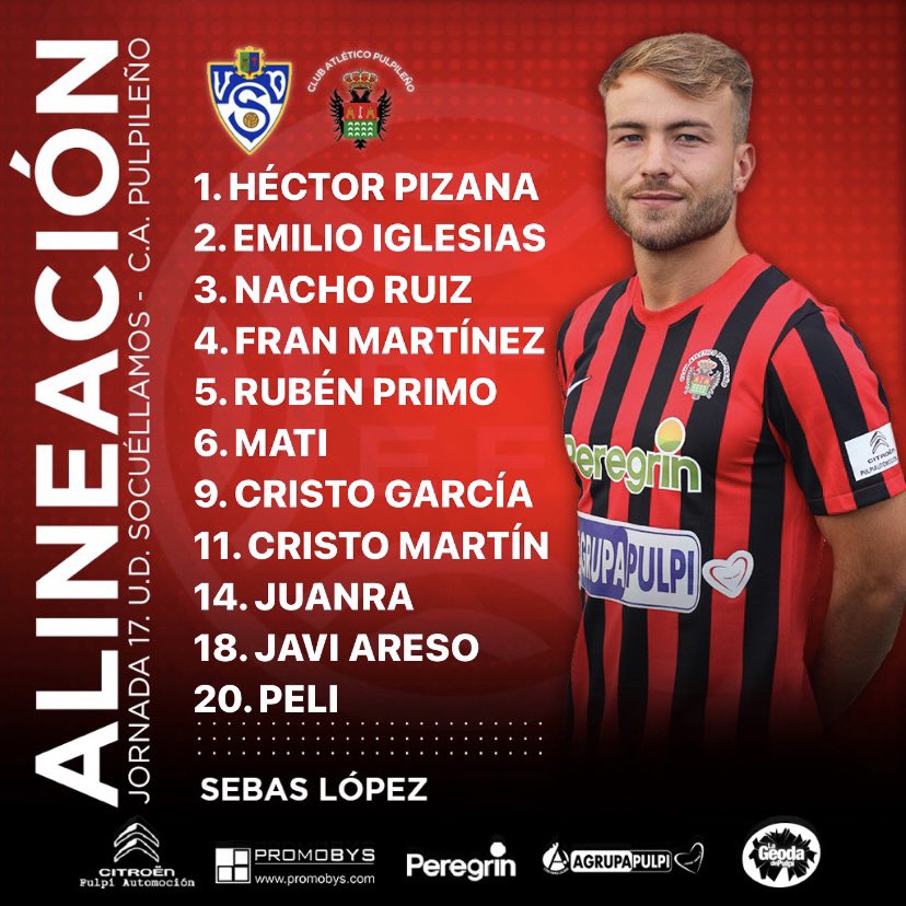 ¡Ya tenemos la alineación del partido de hoy frente <a href="/YugoUDS/">Yugo UD Socuéllamos</a>! 

#VamosPulpileño 🔴⚫️