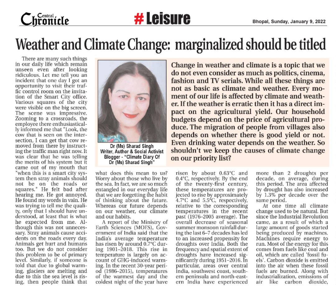 MissSharadSingh's tweet image. Article | Weather and Climate Change:  marginalized should be titled | Dr (Ms) Sharad Singh | MP Chronicle
#ClimateCahnge  #MyClimateDiary
#KnowYourClimate #Weather
#KnowYourEnvironment
#unclimatechange
#nature #Environment #ClimateCrisis #thinkaboutit  #talkaboutit #weather