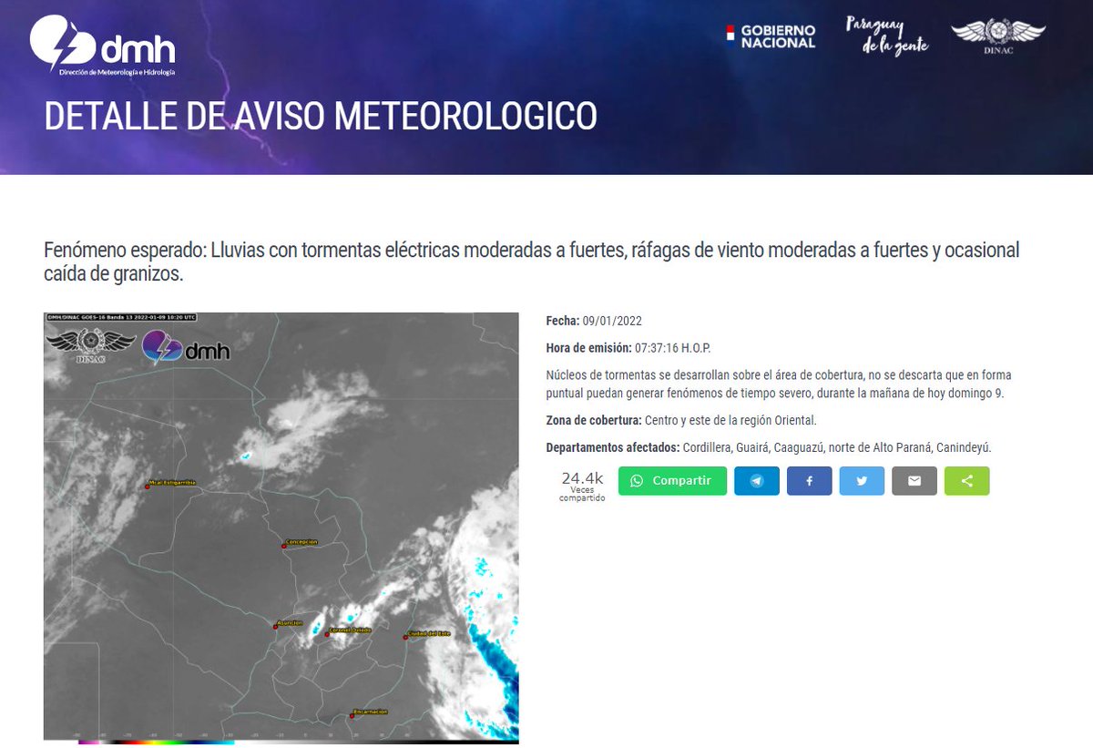 Aviso Meteorológico N°: 37/2022 Emitido.
Enlace: meteorologia.gov.py/avisos/
Fecha: 08/01/2022
Hora: 07:37 h