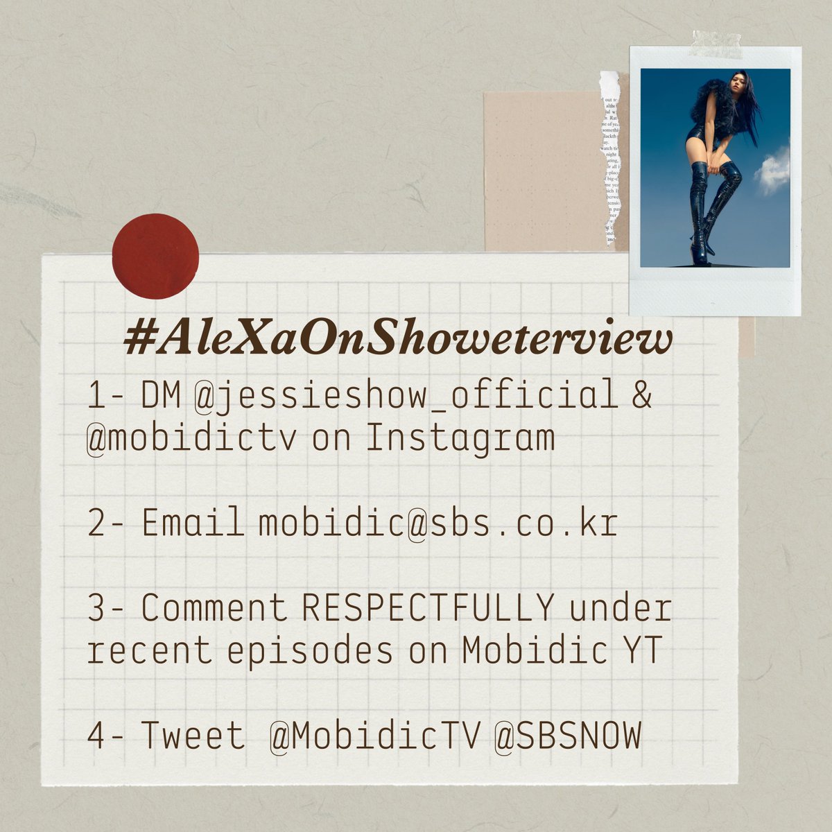 AITrooperUnion's tweet photo. [MASS REQUEST]

LET'S GET #AleXaOnShowterview WITH JESSI!!!

1- DM @/jessishow_official on IG: https://t.co/9uqnMaqdev

2- Email mobidic@sbs.co.kr

3- Comment RESPECTFULLY under recent episodes on Mobidic YT

4- Tweet @MobidicTV @SBSNOW 

- @AleXa_ZB @ZB_LABEL #AleXa #알렉사 https://t.co/2T8FhDkrKM