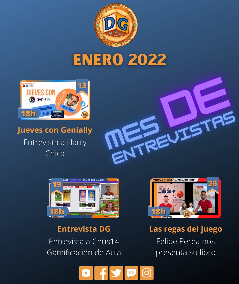 DocentesGamificando (@dgamificando) on Twitter photo ¡¡Volvemos a la carga!! Después del parón navideño este es el cartel del mes de enero:
- Jueves, 13: "Jueves con Genially" con <a href="/mr_chica2/">Harry Chica</a>
- Miércoles, 19: Entrevista a <a href="/chusca14/">Chus Calavia</a>
- Miércoles, 26: Presentación del libro "Las reglas del Juego" de Felipe Perea
¡¡No os lo perdáis!! ¡¡Volvemos a la carga!! Después del parón navideño este es el cartel del mes de enero:
- Jueves, 13: "Jueves con Genially" con <a href="/mr_chica2/">Harry Chica</a>
- Miércoles, 19: Entrevista a <a href="/chusca14/">Chus Calavia</a>
- Miércoles, 26: Presentación del libro "Las reglas del Juego" de Felipe Perea
¡¡No os lo perdáis!!