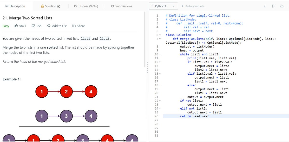 zenemm_'s tweet image. Leetcode 21:
This one took me agesss, I ended up watching part of a solution on youtube.
2nd time in a row struggling with a linked list challenge, part of me feels confident with linked lists, but I also feel a new challenge might destroy that🥲
#codesolution #100DaysOfCode