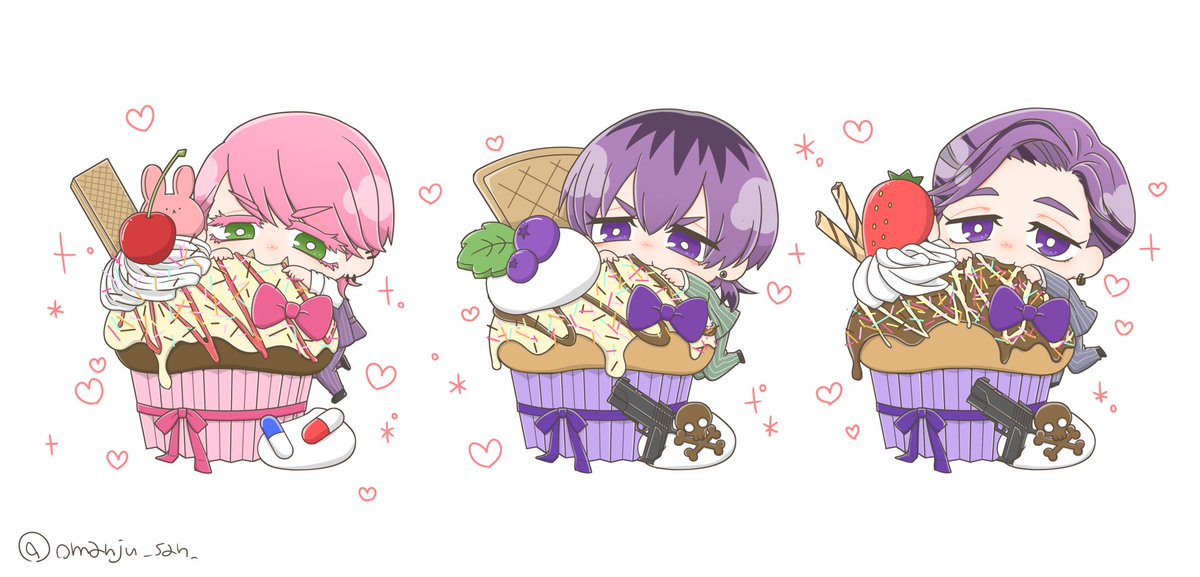 food multiple boys purple hair purple eyes pink hair chibi fruit  illustration images