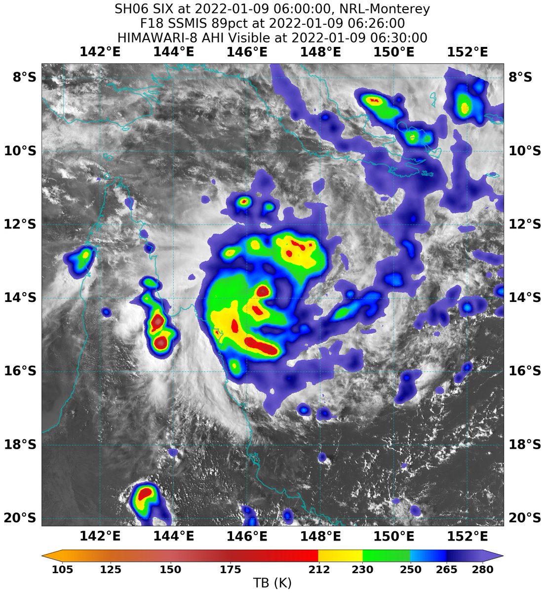 opplevelse's tweet photo. Microwave imagery allows us to see through the cloud and identify the convection hotspots. 

This image is from 1.5hrs ago and shows the 89GHz Polarization Corrected Temperature from the SSMIS instrument on the defense meteorological satellite program F18.

 #CycloneTiffany #06P https://t.co/AfmfAwsVaL