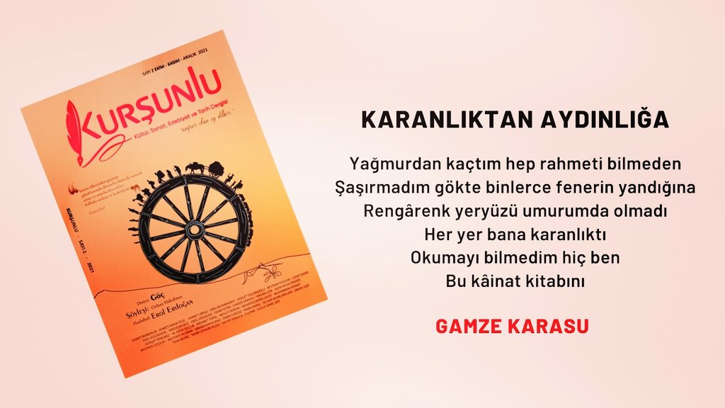 Kurşunlu Dergi (@kursunludergi) on Twitter photo Gamze Karasu'nun kaleminden;
Yağmurdan kaçtım hep rahmeti bilmeden
Şaşırmadım gökte binlerce fenerin yandığına
Rengârenk yeryüzü umurumda olmadı
Her yer bana karanlıktı
Okumayı bilmedim hiç ben
Bu kâinat kitabını
<a href="/Gmz_20/">Gamze Demirelli</a>
#kurşunludergi #dergi #gamzekarasu #şiir #edebiyat Gamze Karasu'nun kaleminden;
Yağmurdan kaçtım hep rahmeti bilmeden
Şaşırmadım gökte binlerce fenerin yandığına
Rengârenk yeryüzü umurumda olmadı
Her yer bana karanlıktı
Okumayı bilmedim hiç ben
Bu kâinat kitabını
<a href="/Gmz_20/">Gamze Demirelli</a>
#kurşunludergi #dergi #gamzekarasu #şiir #edebiyat