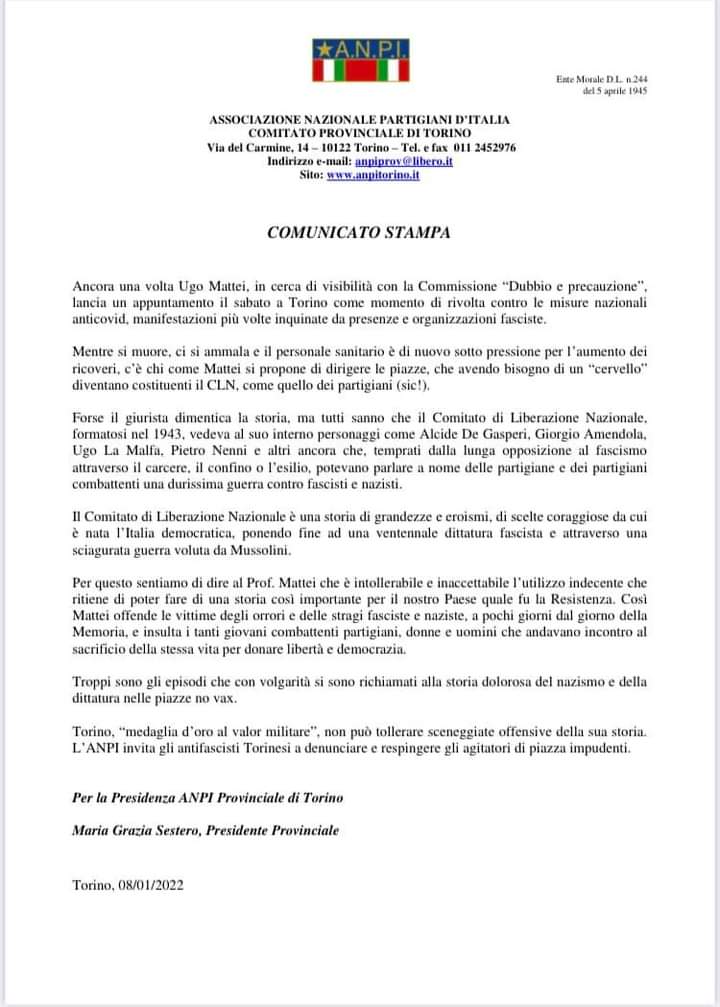 Il comunicato stampa dell'#ANPI provinciale di Torino sulla manifestazione no green pass di ieri