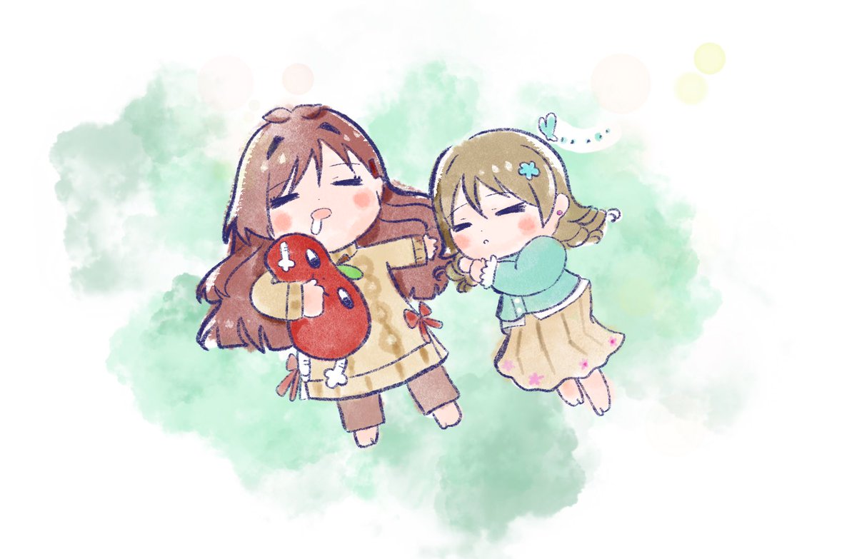 morikubo nono multiple girls 2girls chibi brown hair closed eyes sweater sleeping  illustration images