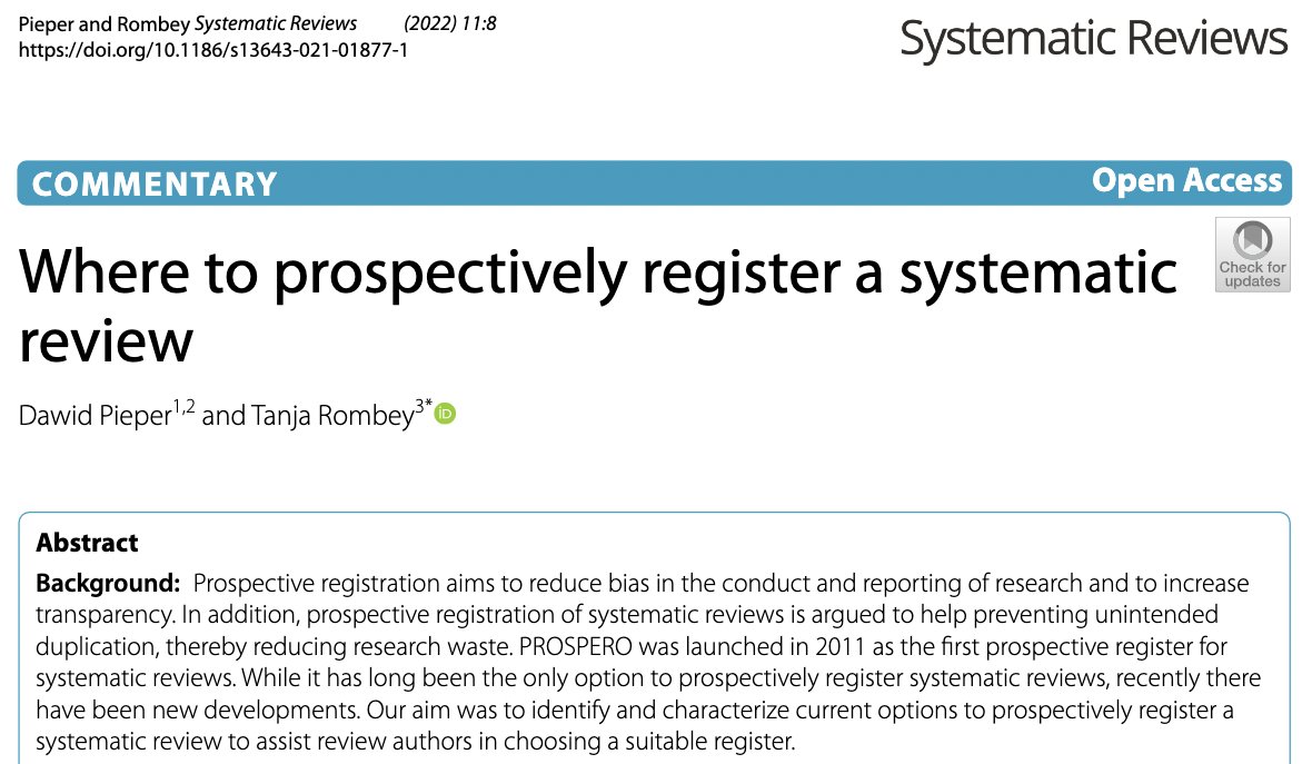 Pre-registration of systematic reviews: There are no excuses not to!

We identified 5 options to prospectively register a systematic review: PROSPERO by <a href="/crd_york/">CRD</a>, <a href="/researchreg/">Research Registry</a>, <a href="/inplasy/">INPLASY</a>, <a href="/OSFPrereg/">OSF Prereg</a> and <a href="/protocolsIO/">protocols.io</a>. 

Link: rdcu.be/cEA6A

#openscience #reproducibility