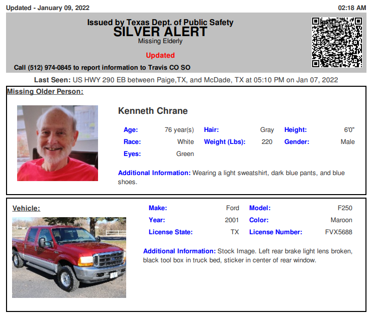TX_Alerts's tweet photo. ACTIVE SILVER ALERT for Kenneth Chrane from Bastrop County, TX, on 01/09/2022, TX plate FVX5688 https://t.co/fRGKi0XzVR