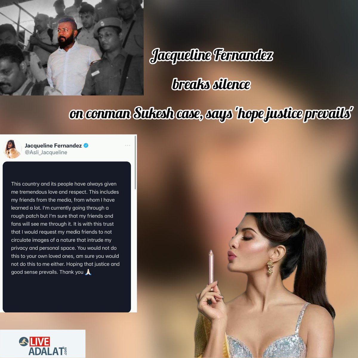LiveAdalat's tweet photo. #JacquelineFernandez breaks silence on conman #Sukeshcase, says 'hope justice prevails'
Hours after another photograph of Jacqueline Fernandez and conman Sukesh Chandrashekhar went viral on social media, the actress issued a statement. https://t.co/uG9BRgjnrY