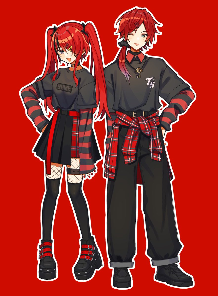 1girl red hair 1boy one eye closed twintails skirt shirt  illustration images
