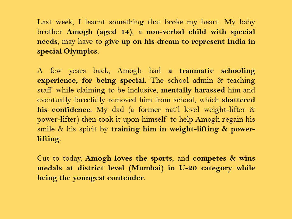 tanV_1209's tweet photo. Hey folks! Reaching out for your help for my baby brother Amogh who is a 14 year old athlete and a child with special needs on his journey to participate in Special Olympics. Journey outlined in attached images. https://t.co/1R5XwSGxpd