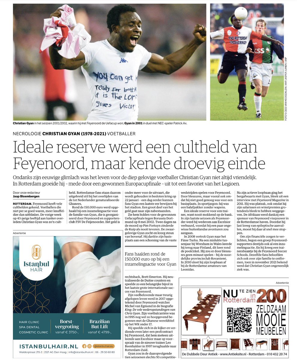 Móói eerbetoon van Jaap Bloembergen in de Weekend-editie #Rotterdam van <a href="/nrc/">NRC</a> aan #ChristianGyan (1978-2021), de ‘cultheld’ van #Feyenoord door zijn aandeel in de eindzege in het toernooi om de #UEFACup in 2002. Hij was een balafpakker zónder wapens - mét een glimlach! #ChrisGyan