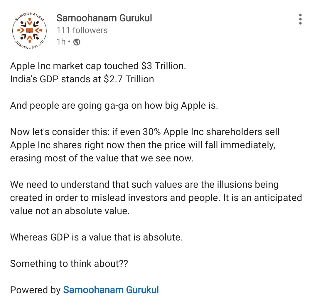 samoohanam's tweet photo. What do you think?

Is market cap comparison to GDP is justifiable? Or is it a stunt carried by the news agencies to create and illusion for small investors. 

Follow us @samoohanam 

#samoohanamgurukul #enablingeverylearner #learning https://t.co/t5XYAzZ3m1
