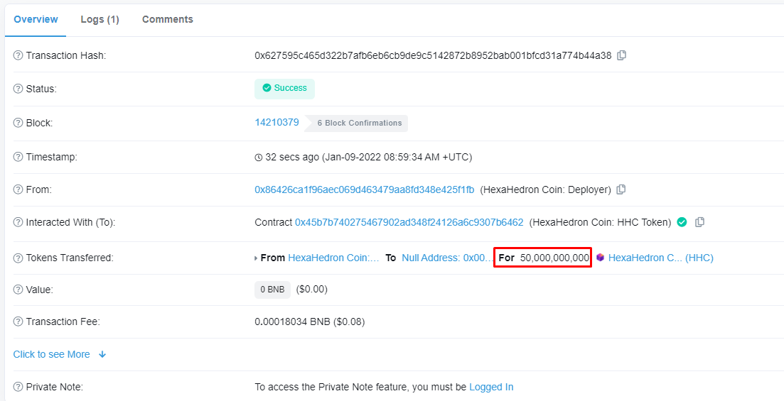 We burned 5% of the total emission,
that's 50,000,000,000 HHC
Transaction link: 
bscscan.com/tx/0x627595c46…