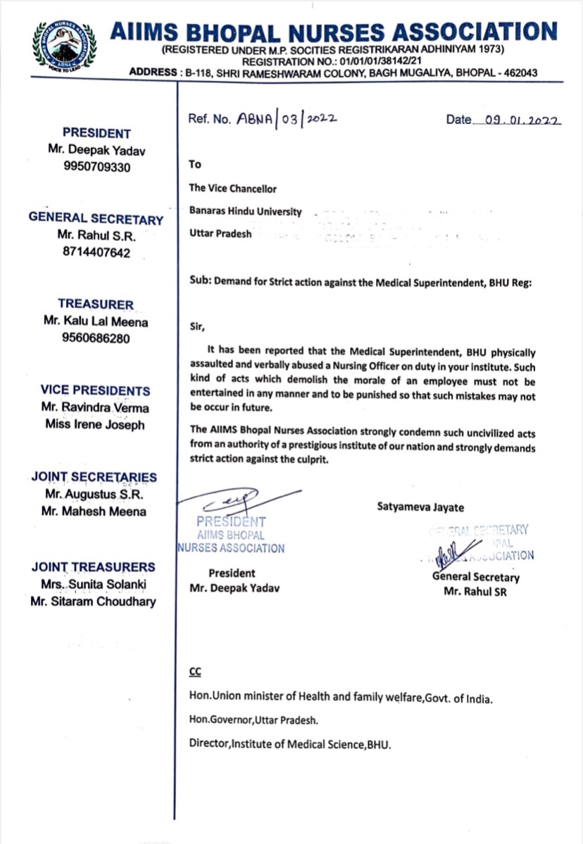 AbnaBhopal's tweet photo. AIIMS BHOPAL NURSES ASSOCIATION(ABNA), AIIMS BHOPAL EXPRESS SOLIDARITY WITH THE NURSING FRATERNITY OF BANARAS HINDU UNIVERSITY… https://t.co/YCO4jYGT4B