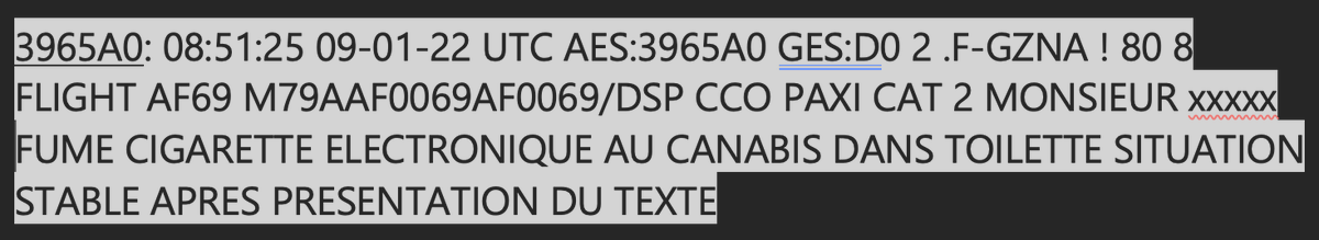 TheSnoopySnoop's tweet photo. #AF69 F-GZNA #B777 #AirFrance 
🚭
Departed #LAX #LosAngeles
ACARS message reads:
MONSIEUR (name blanked out) SMOKE ELECTRONIC CIGARETTE TO CANABIS IN TOILET STABLE SITUATION

#AvGeek #planespotting https://t.co/gKJH8lb4tV
