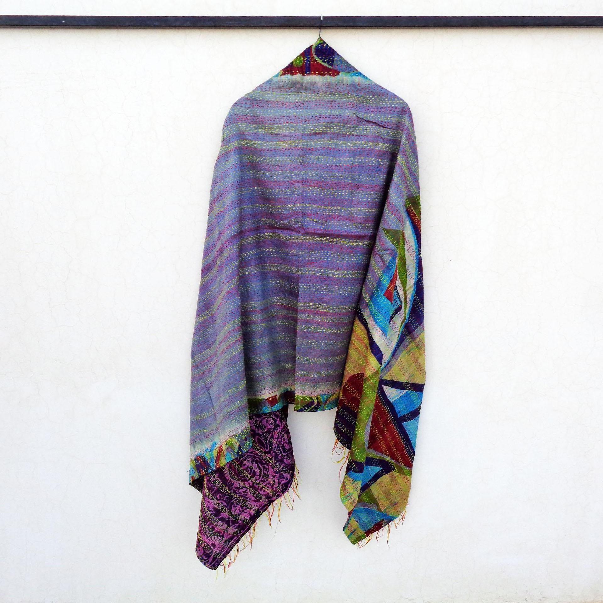 Silk Kantha Scarf Neck Wrap Stole Dupatta Hand Quilted Women Scarves Reversible KN53