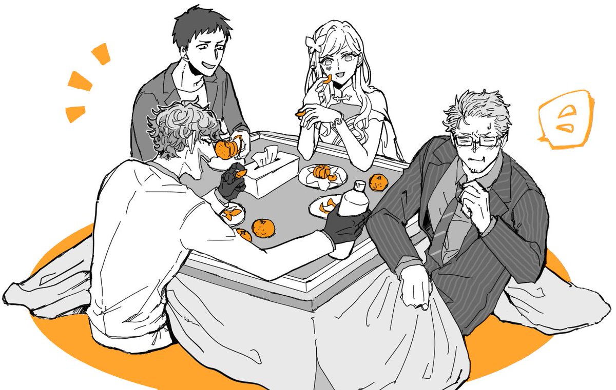 1girl table food multiple boys mandarin orange fruit kotatsu  illustration images
