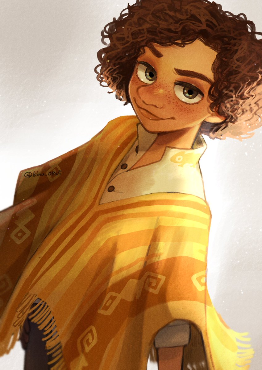 poncho 1boy male focus solo brown hair freckles curly hair  illustration images