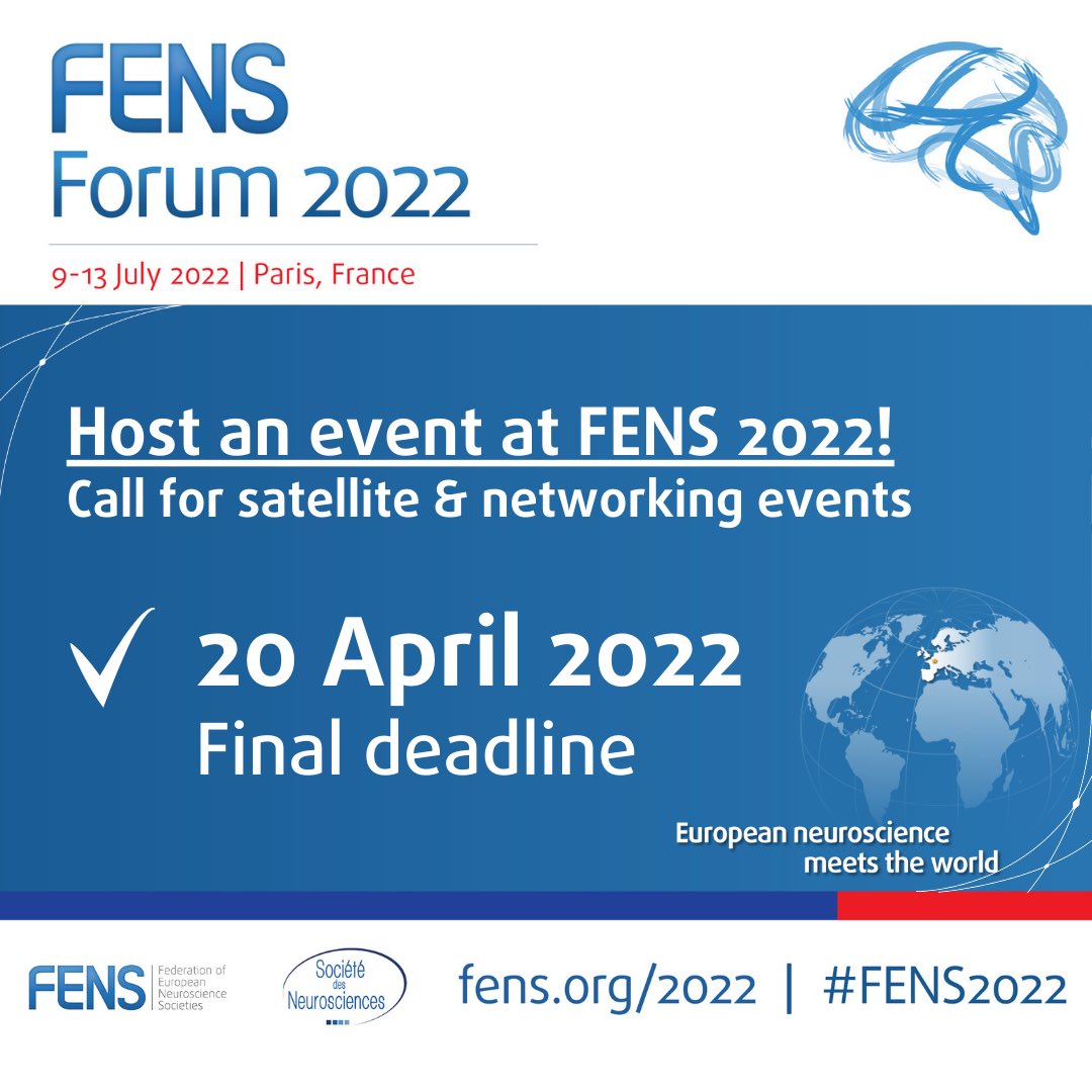 👉🏼Organise a 𝙣𝙚𝙩𝙬𝙤𝙧𝙠𝙞𝙣𝙜 or 𝙨𝙖𝙩𝙚𝙡𝙡𝙞𝙩𝙚 event at #FENS2022!
📆 Submission for event proposals will remain open until 20 April 2022 <a href="/FENSorg/">FENS</a> #FENSambassador
