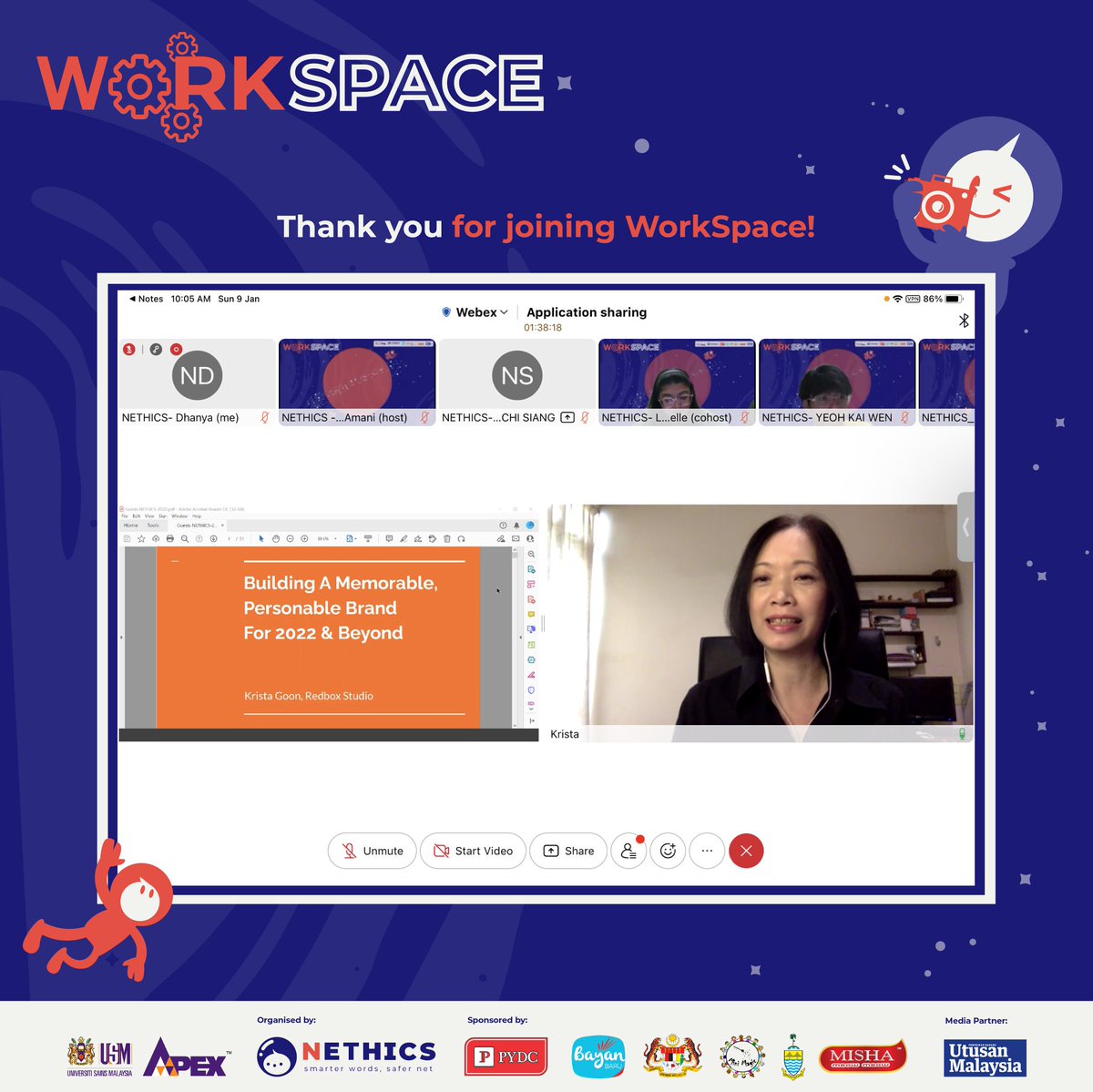 NETHICSUSM's tweet photo. Thank you for making WorkSpace a success! ๐ค
We learnt a lot about personal branding from our esteemed speakers, Miss Krista and Miss Khushboo. We also have our 85 participants to thank for making it an interactive and fun session!
Thanks again๐คฉ
#NETHICS #SmarterWordsSaferNet https://t.co/oWVG7k7OEv