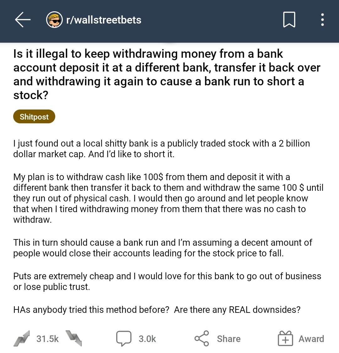 xvrmdf's tweet photo. Just checking in on Wall Street Bets. Someone is trying to organise a bank run. Totally normal. https://t.co/B7sRA3YwPl