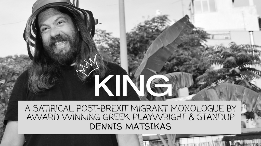 LZAcreative's tweet photo. KING by Dennis Matsikas @TheHopeTheatre | Jan 23 &amp; 24 2022 | Come laugh at a migrant!! 😉

A post-Brexit migrant-monologue by award-winning Greek playwright and standup Dennis Matsikas (@dionmak), directed by @liz_arday

https://t.co/uekwhKdf87 https://t.co/HVEjOCPMo6