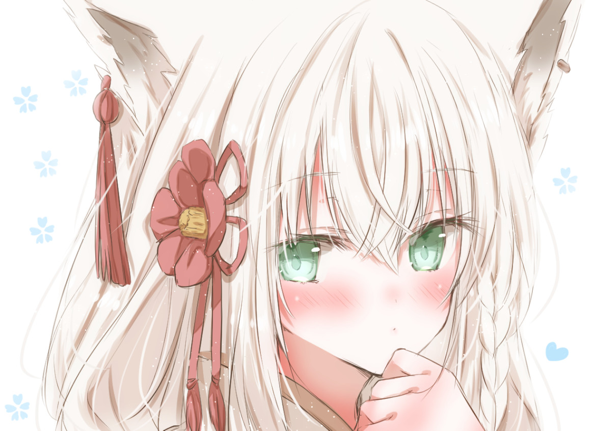 shirakami fubuki 1girl animal ears solo fox ears white hair green eyes blush  illustration images