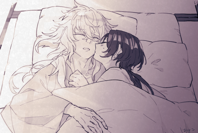 にゃもさん(@usHERBZ9iGe642U )からの掲示板リク
「清光♀からのキス」を描きました～!
恋仲になった後も素直になれなくて御前にツンツンしてしまう清光♀が、そんな自分に合わせて付き合ってくれる御前への感謝と謝罪と次こそは起きてる時にキスにのせて伝えることを決意する朝、って感じです!(長い) 