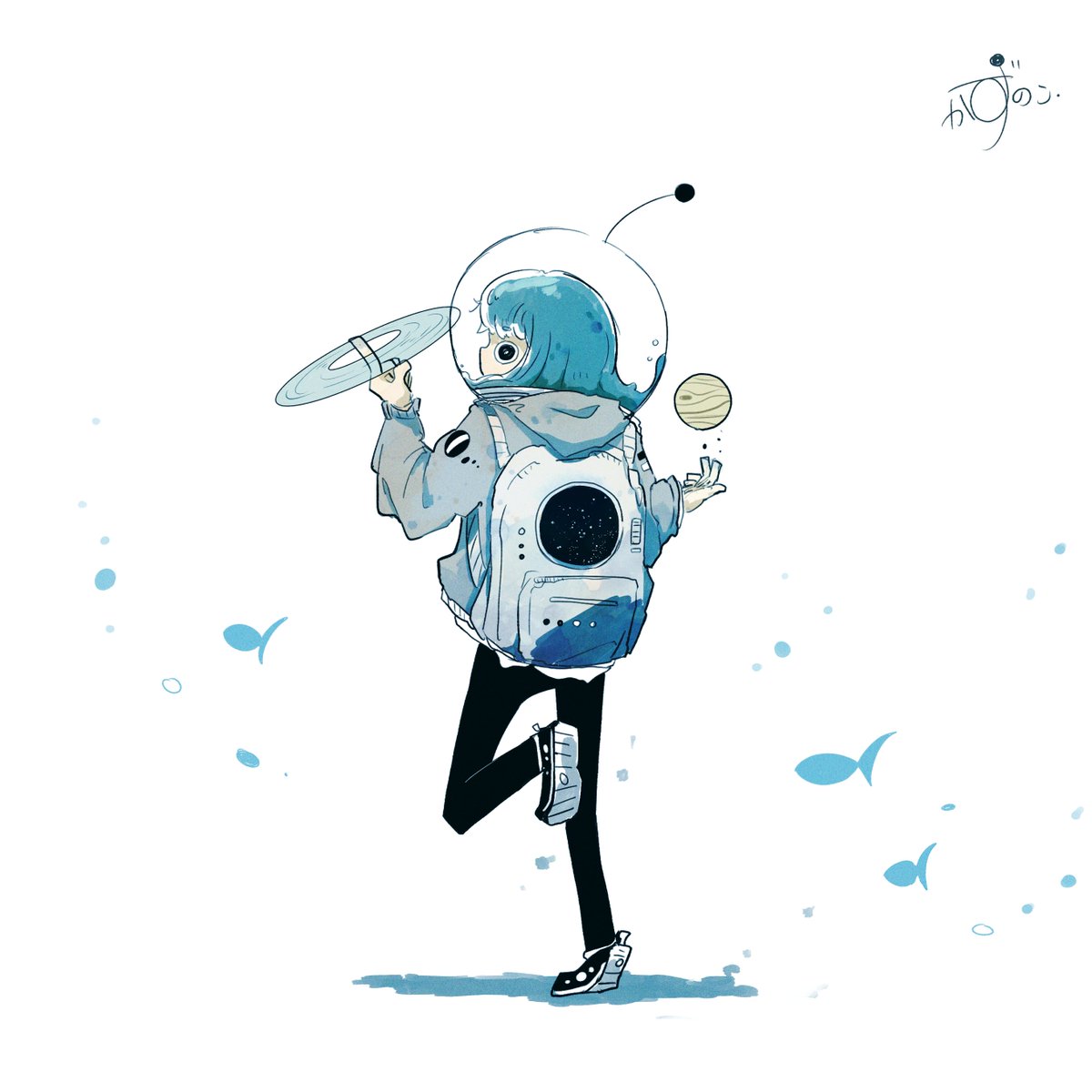 space helmet 1girl solo blue hair hood white background shoes  illustration images