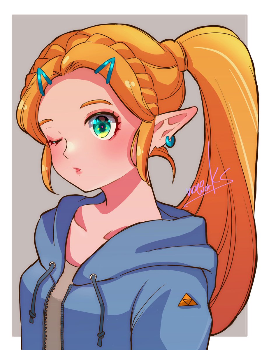 princess zelda 1girl pointy ears solo jewelry earrings ponytail one eye closed  illustration images